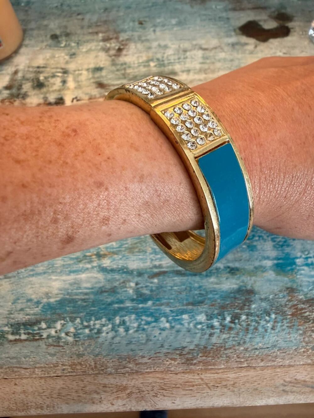 Vintage blue enamel hinged gold tone bangle bracelet